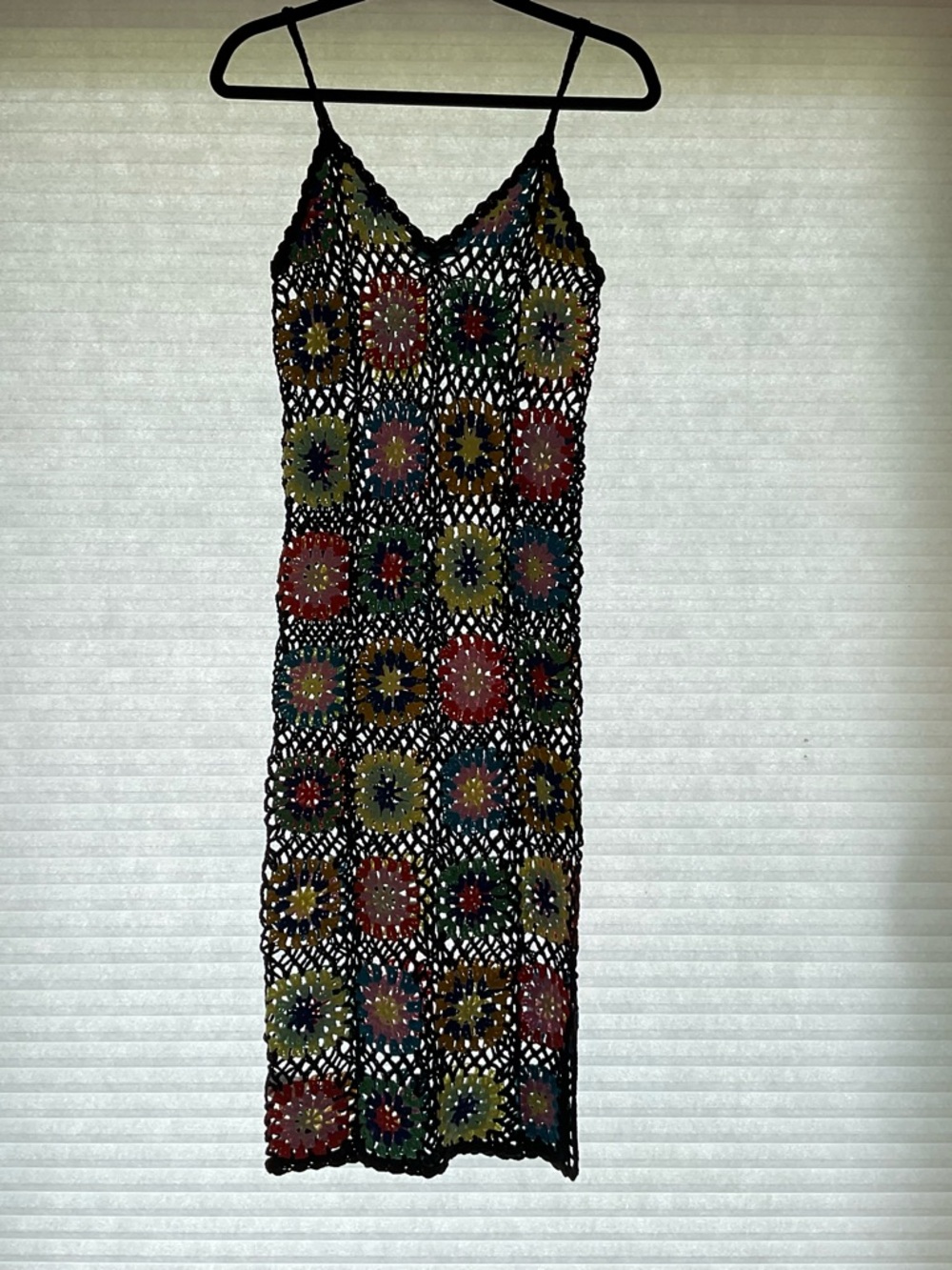 Black Multicolor Crochet Maxi Slip Dress with Floral Motifs